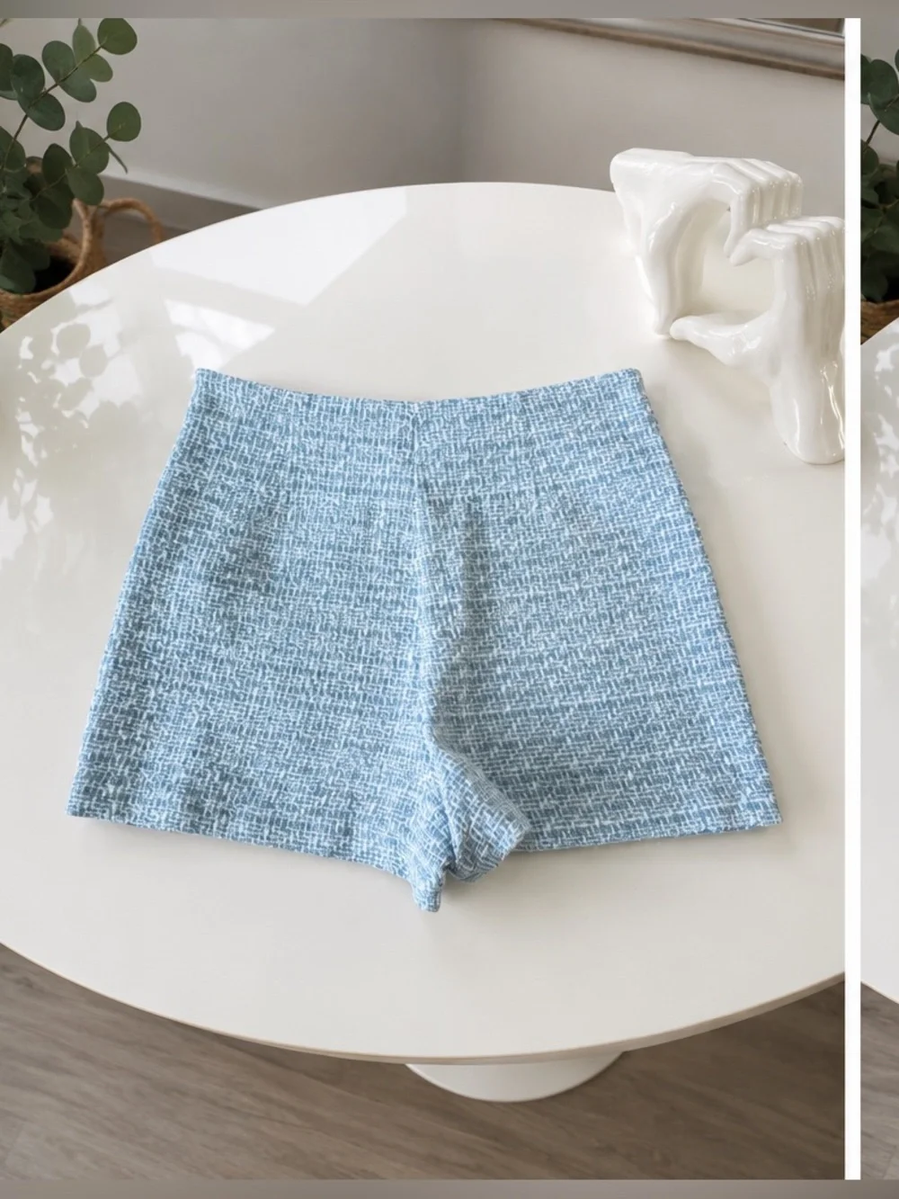 ZARA Light Blue Tweed Skort High-Waisted Mini Shorts Size S 🩵